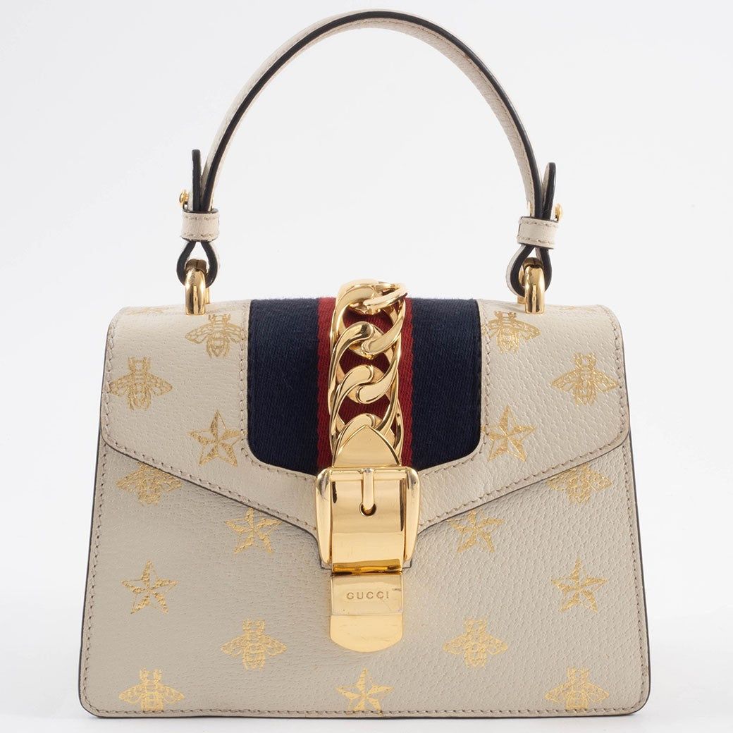 GUCCI Bee Star Mini Sylvie Convertible Handbag White Crossbody 470270 Preowned1