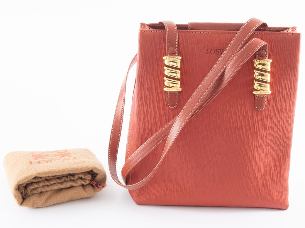 LOEWE Velazquez Shoulder Tote Bag Orange Leather Twisted Hardware Preowned9