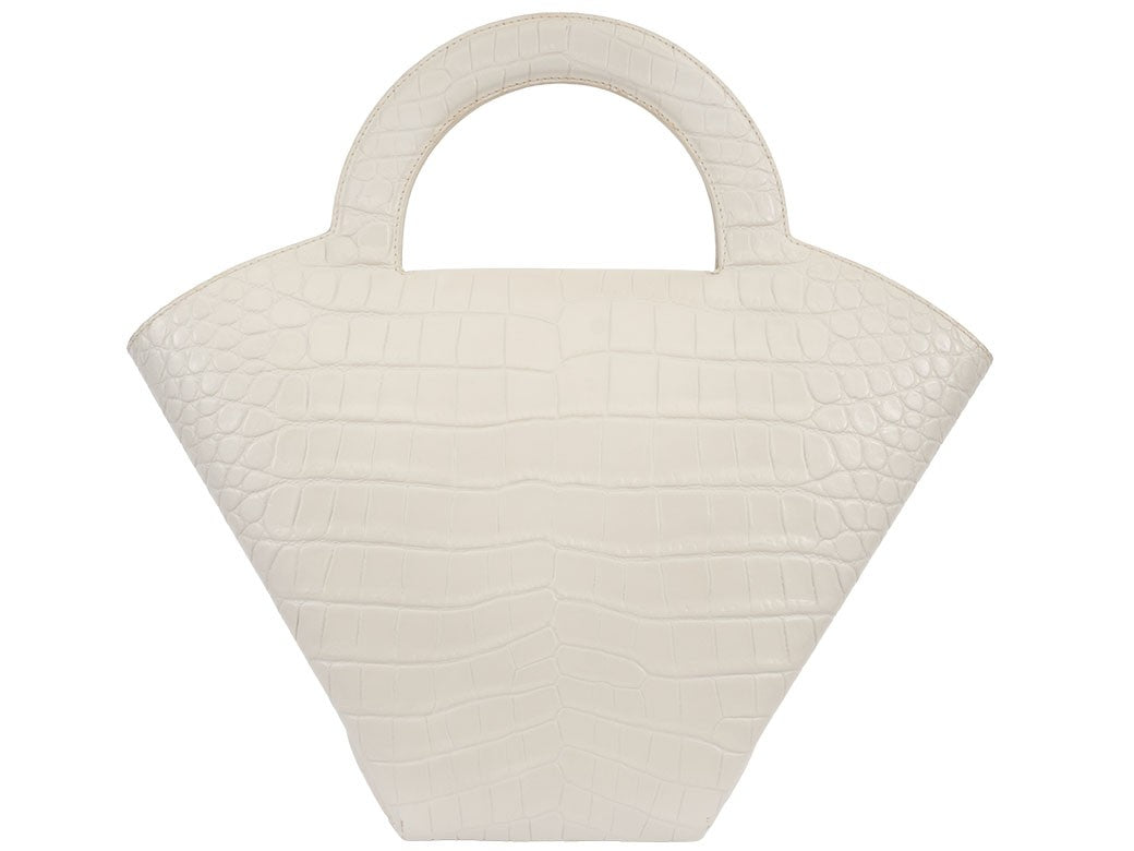 BOTTEGA VENETA Doll Handbag Crocodile Embossed Leather White Preowned Auth1