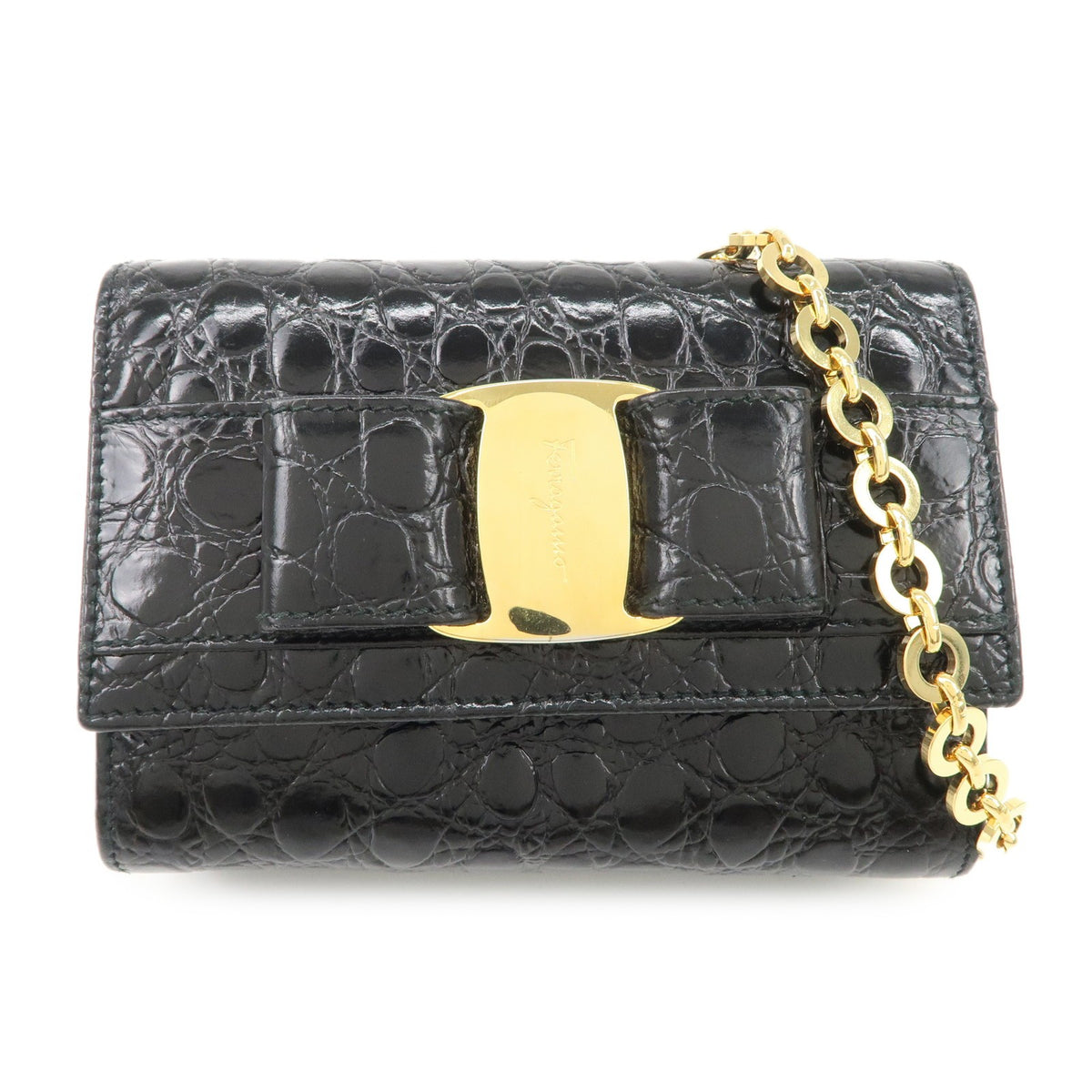 FERRAGAMO Vara Ribbon Chain Shoulder Bag Mini Black Leather Preowned Auth0