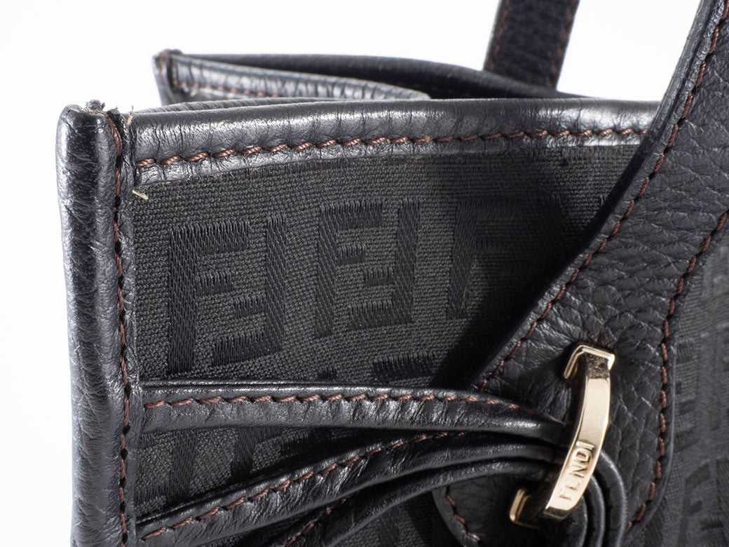FENDI Zucchino Black Canvas Leather Shoulder Tote Bag 8BH153 Preowned Auth11