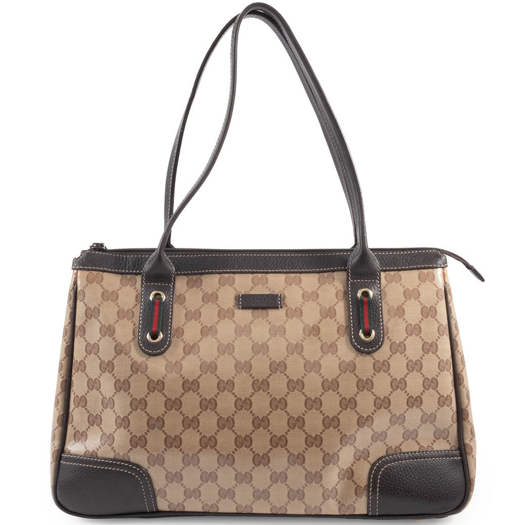 GUCCI GG Crystal Shoulder Tote Bag Sherry Line Web Beige Brown 293599 Preowned0