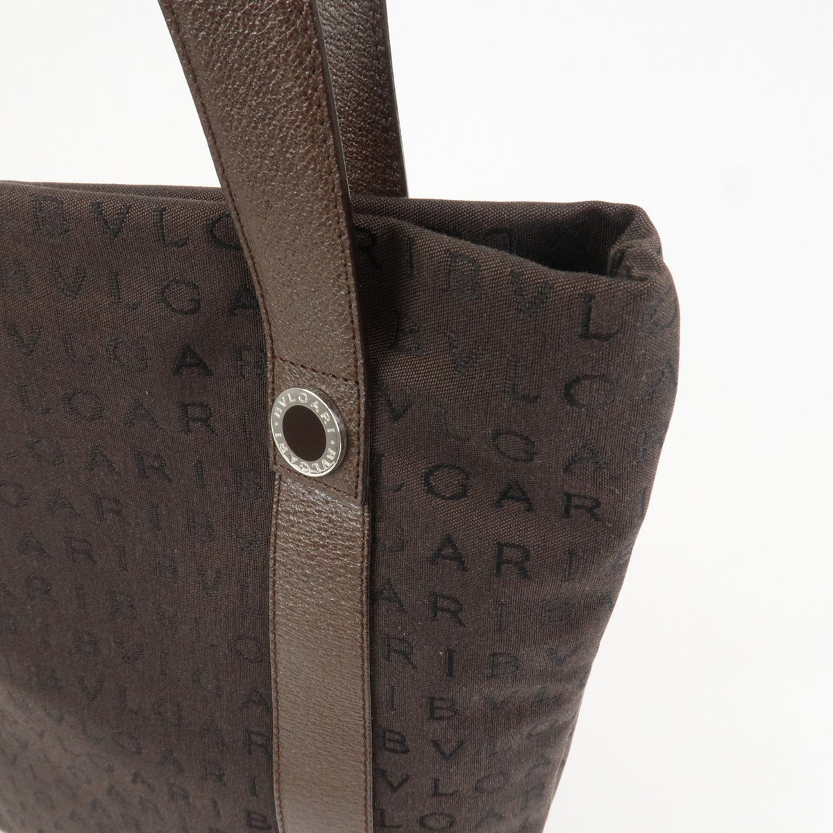 BVLGARI Logo Mania Canvas Leather Shoulder Bag Tote Bag Brown Authentic Used F/S13