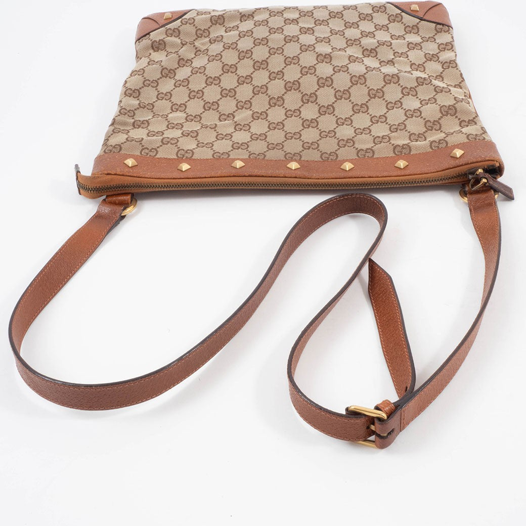 GUCCI GG Canvas Studded Beige Brown Crossbody Shoulder Bag 120894 Preowned Auth9