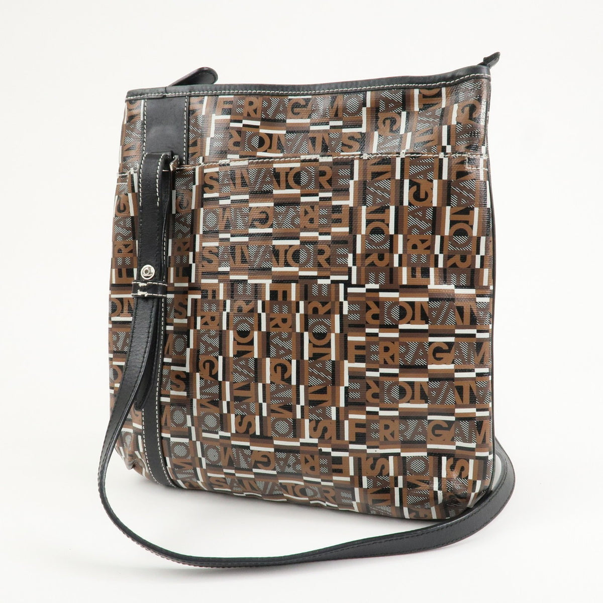 Ferragamo PVC Leather Womens Shoulder Bag Brown Black White Preowned Auth2