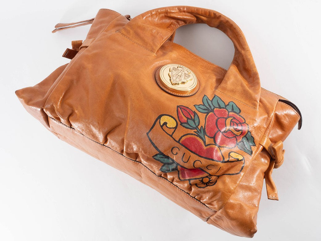 GUCCI Hysteria Floral Paint Brown Leather Handbag Flower Logo Preowned Auth22