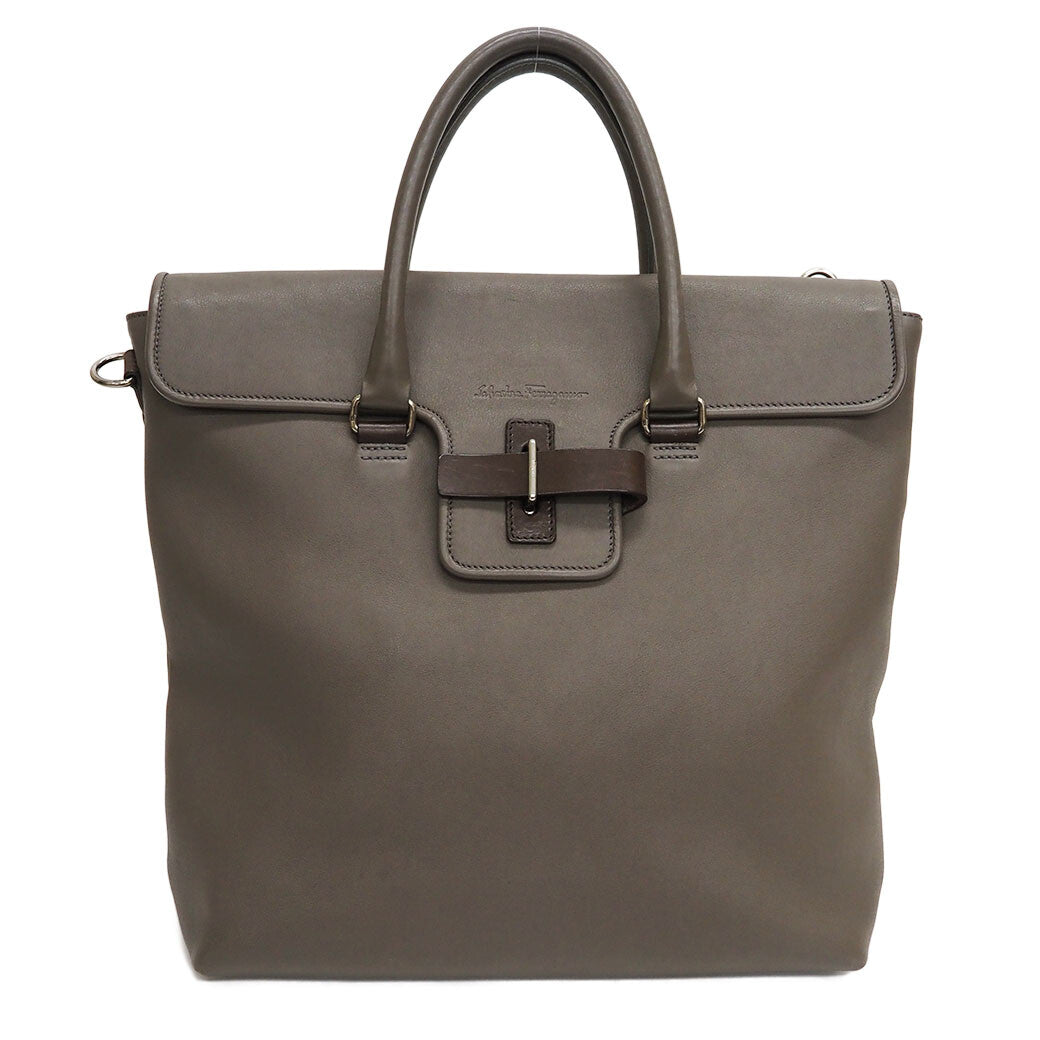 Ferragamo Large Leather Tote Bag Greige Belt Flap Shoulder Bag Preowned Auth0