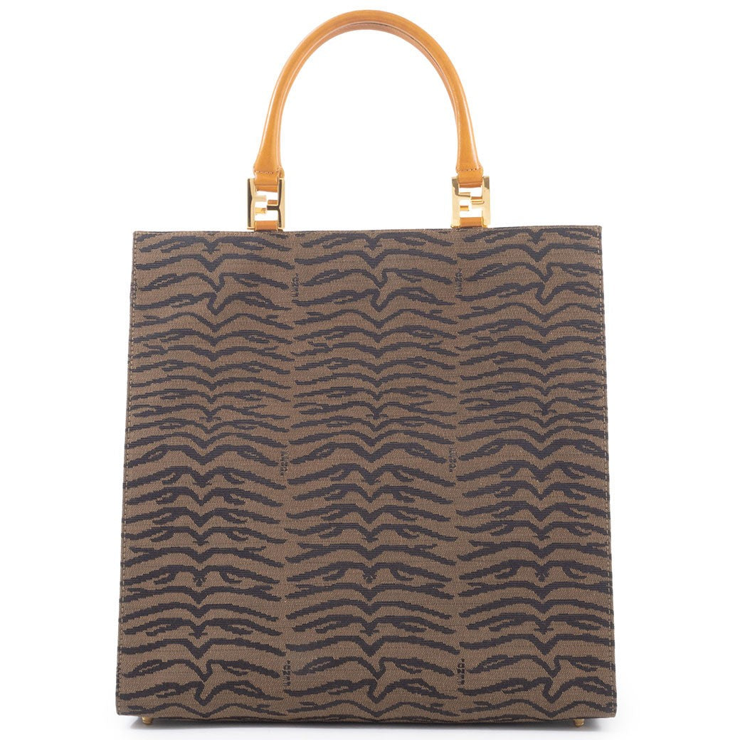 FENDI Zebra Print Tote Bag Canvas Leather Animal Pattern Brown Preowned Auth0