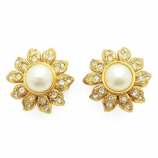 CHANEL Earrings 97P Gold Flower Rhinestone fake pearl Vintage Reuse Preowned0