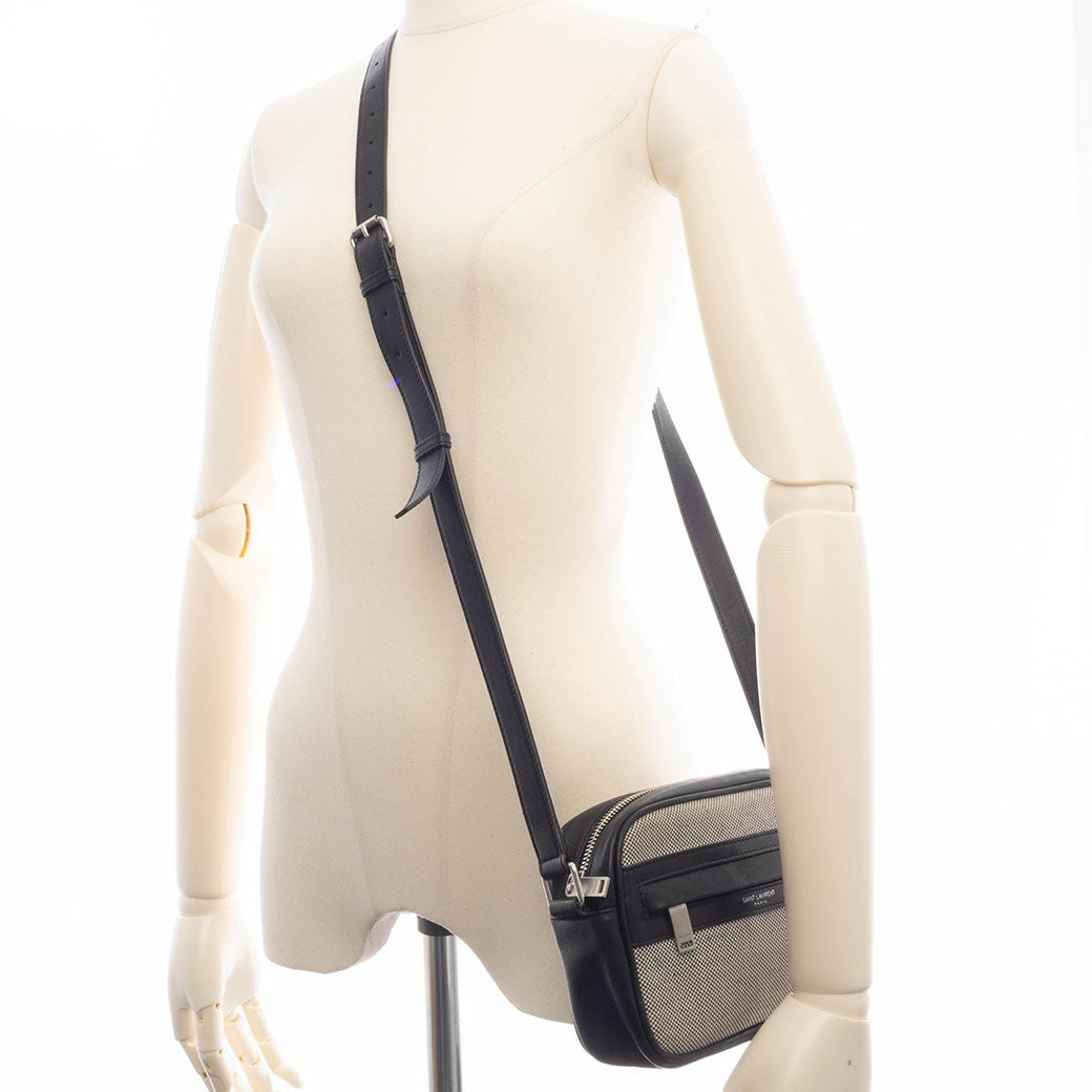 SAINT LAURENT Camp Camera Bag Canvas Leather Black Crossbody 647179 Preowned11