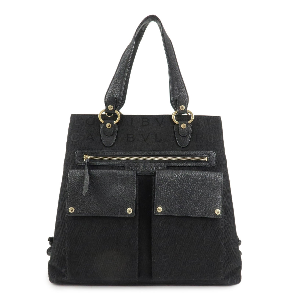 BVLGARI Logo Mania Canvas Leather Tote Bag Black Gold Hardware Auth Used F/S0