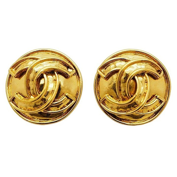 CHANEL Vintage Round Coco Earrings Gold Ladies 94P Metal Bordered Logo Reuse0