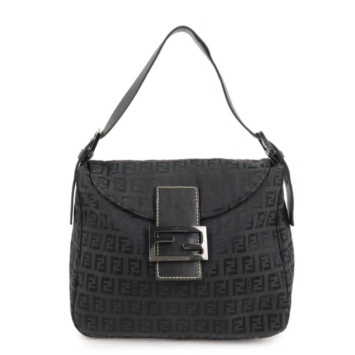 FENDI Mamma Baguette Zucca Zucchino Canvas Leather Black Shoulder Bag Preowned0