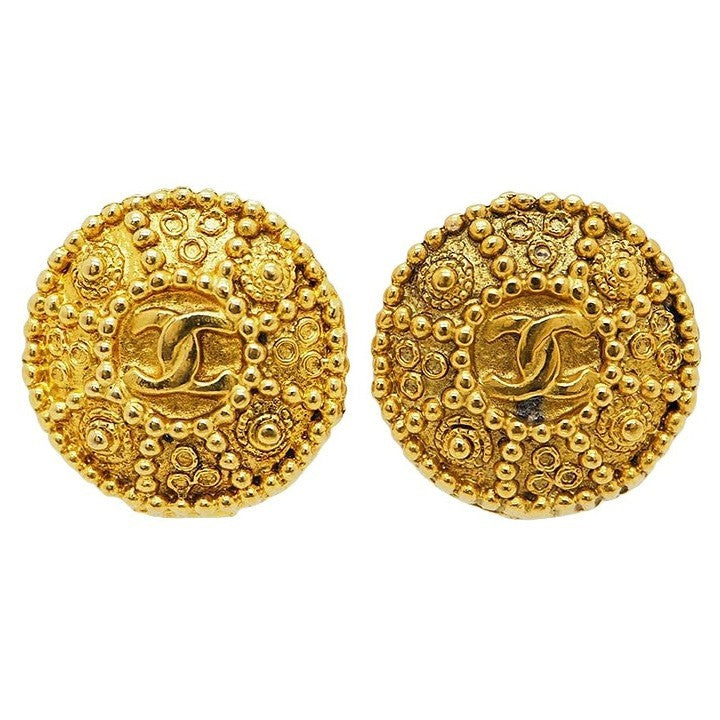CHANEL Vintage Coco Round Earrings Brion Gold Ladies Round Reuse Used Preowned0
