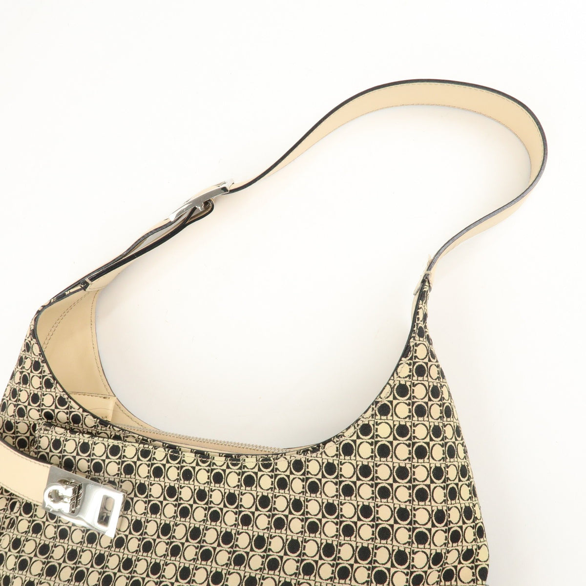 Ferragamo Gancini Hobo Shoulder Bag Canvas Leather Beige Black Preowned Auth5