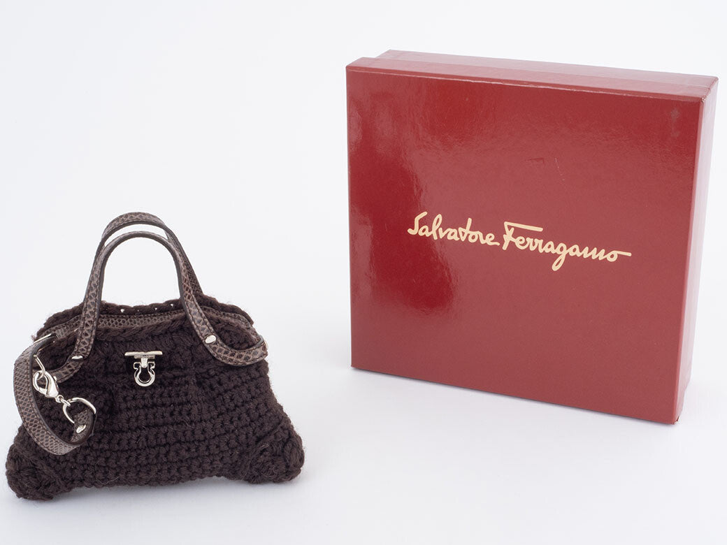 Ferragamo Wool Knit Accessory Pouch Womens Handbag Brown Charm Preowned Auth10