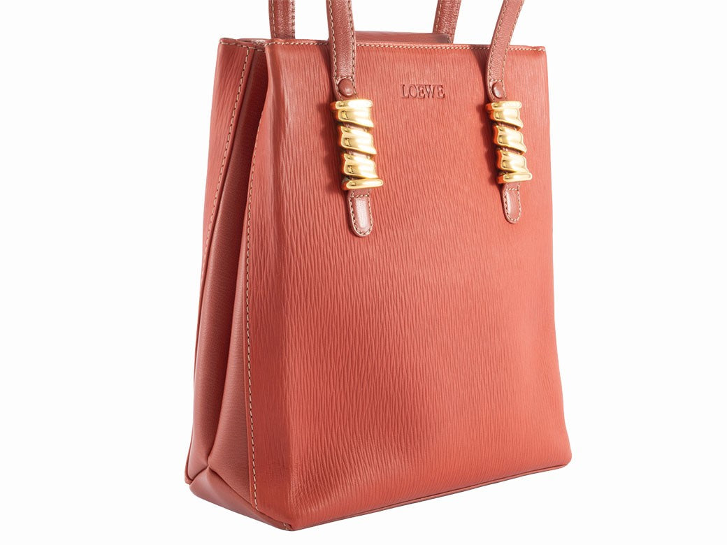 LOEWE Velazquez Shoulder Tote Bag Orange Leather Twisted Hardware Preowned1