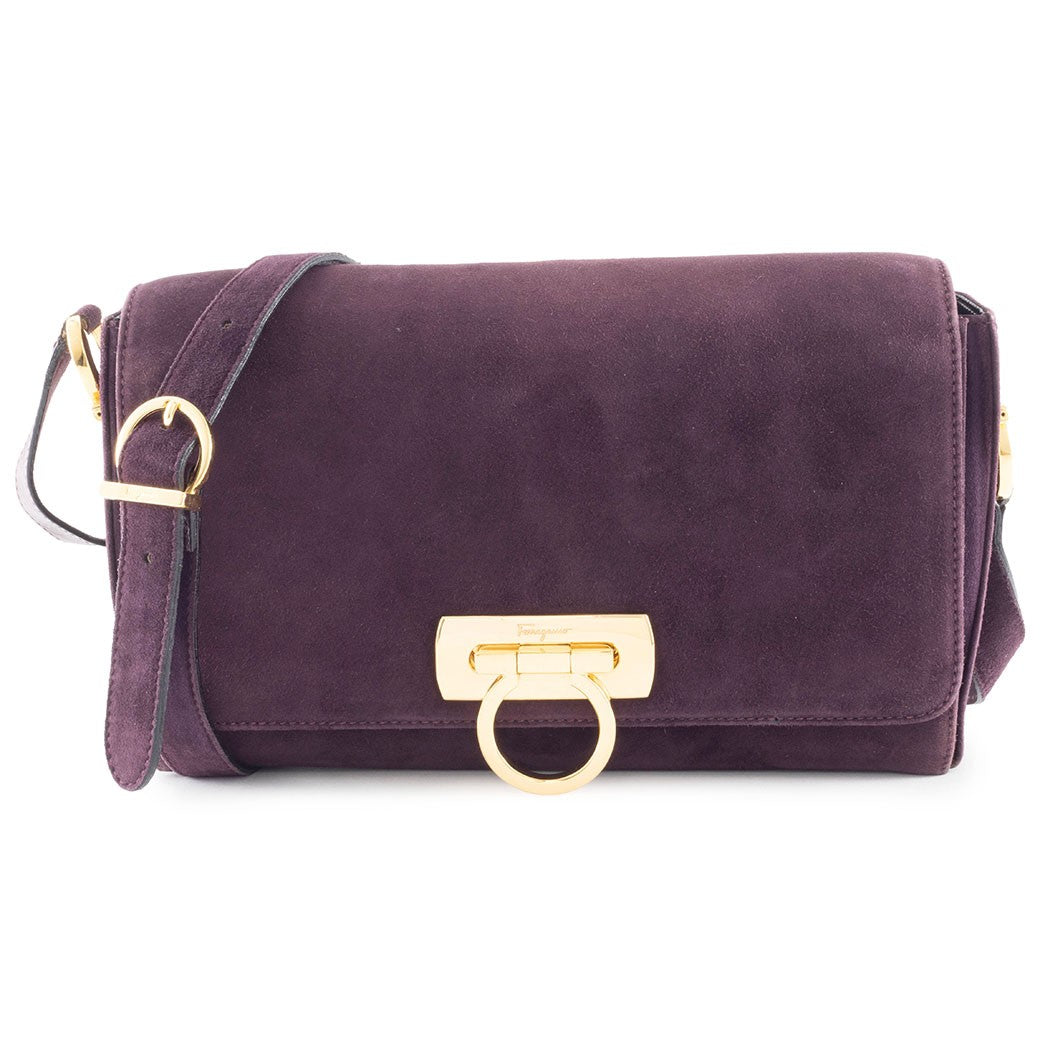 Salvatore Ferragamo Gancini Logo Crossbody Shoulder Bag Suede Purple Preowned0