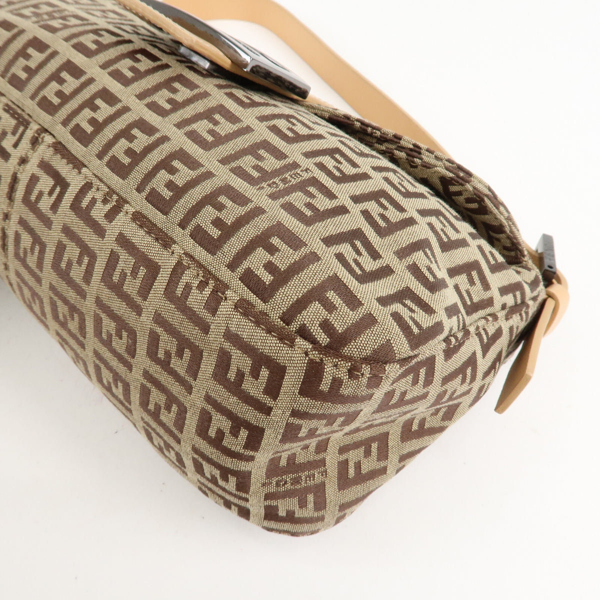 FENDI Zucchino Canvas Womens Shoulder Bag Beige Leather 8BR003 Preowned Auth13