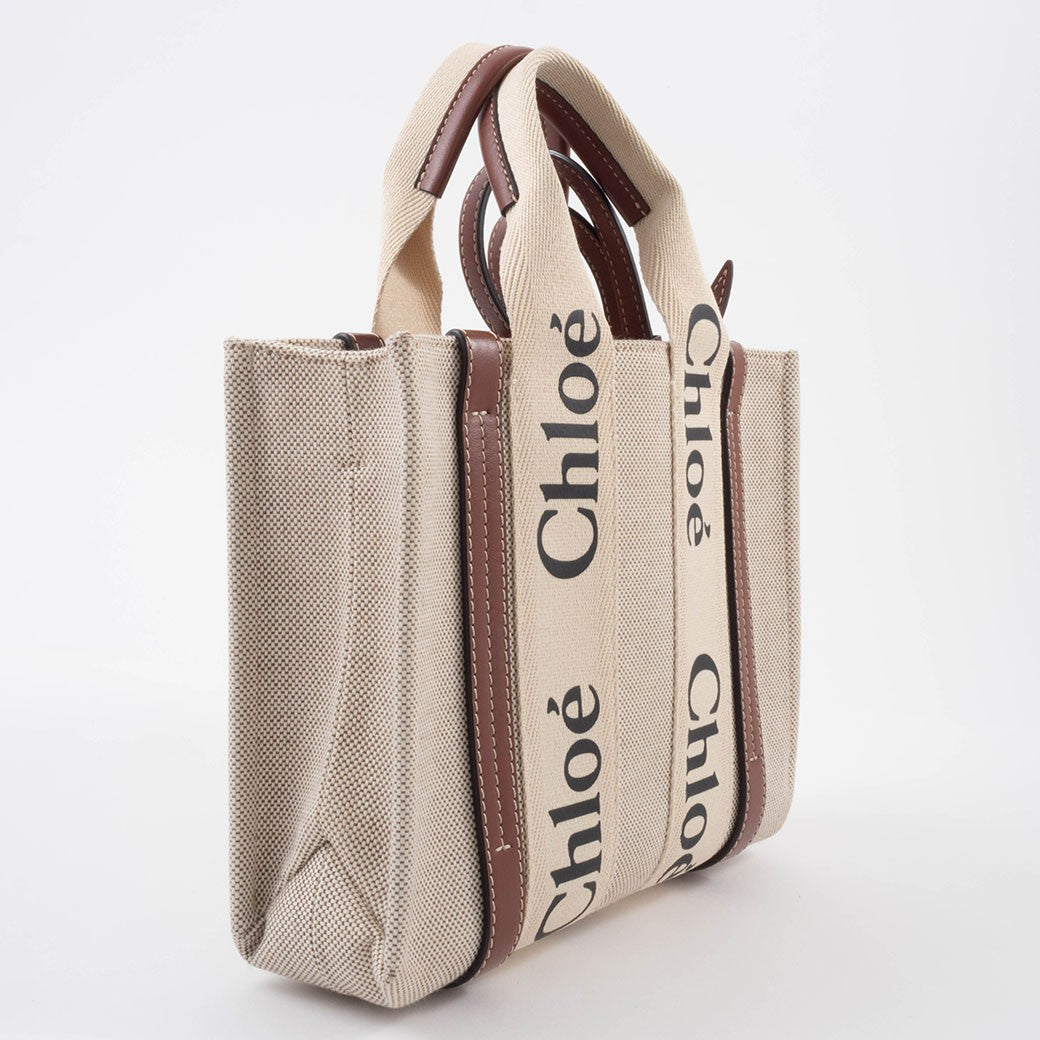 Chloe Woody Small Convertible Handbag Crossbody Bag Linen Brown White Preowned4
