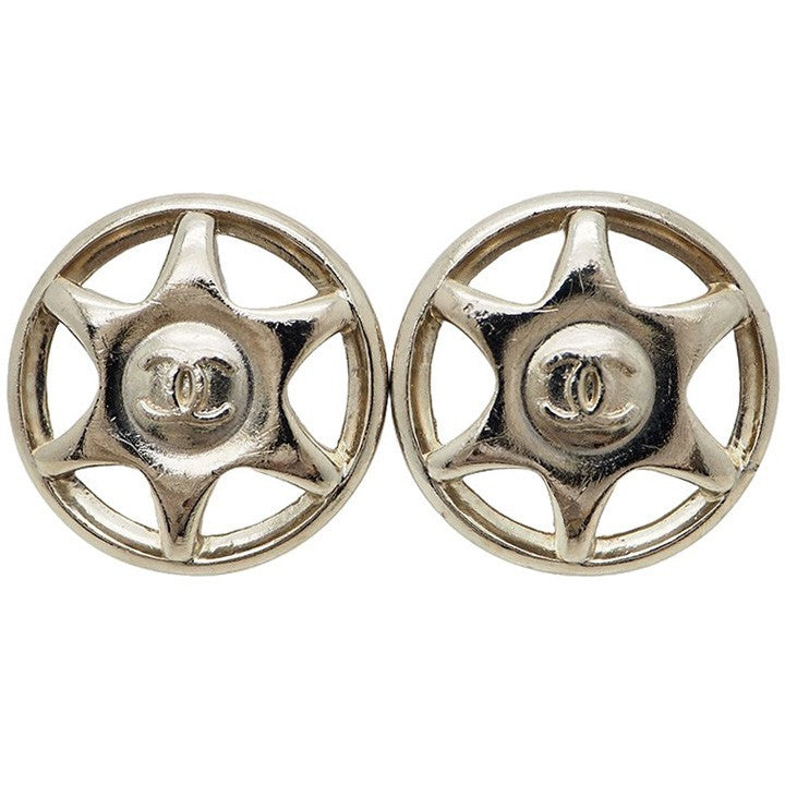 CHANEL Round Hexagram Earrings Silver Ladies 97A Metal Star Star Reuse Used0