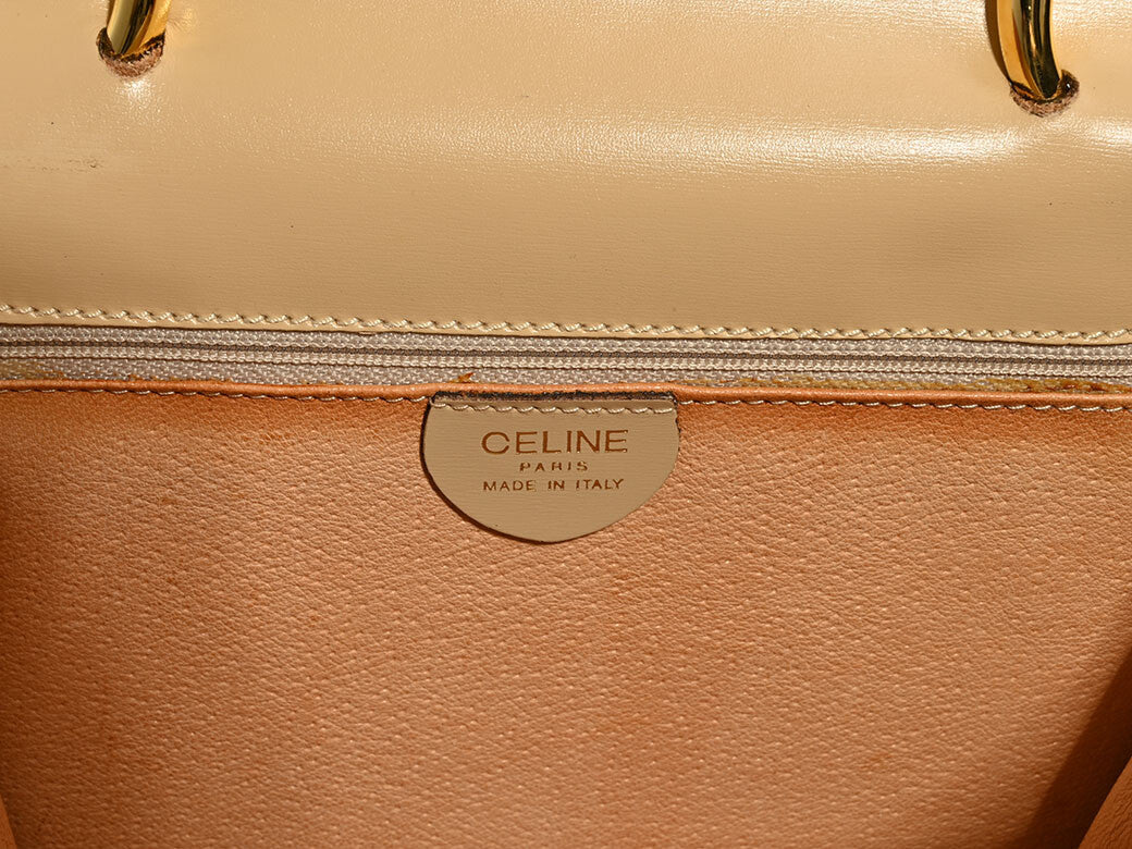 CELINE Old Celine Logo Ring W Flap Handbag Beige Leather Vintage Preowned Auth7