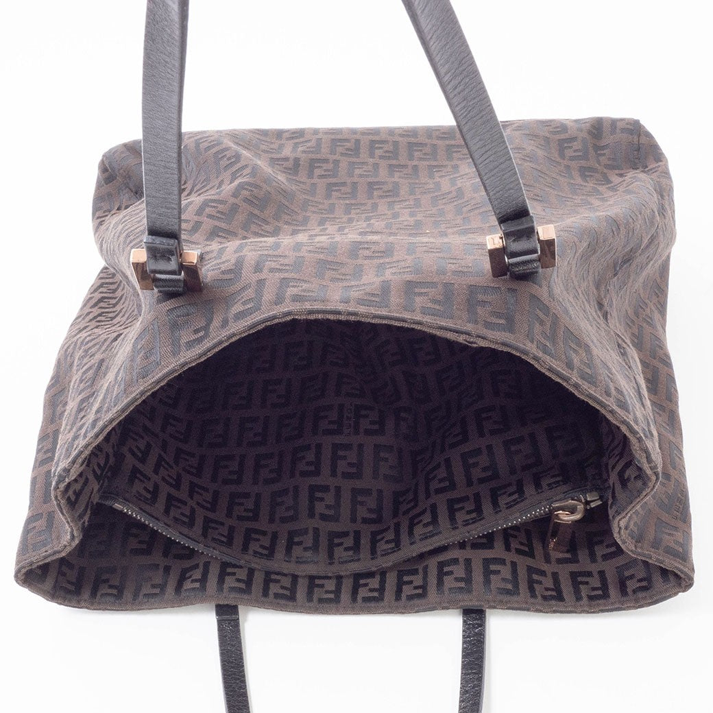 FENDI Zucchino Brown Canvas Leather Handbag Zucca Monogram Tote Bag Preowned5