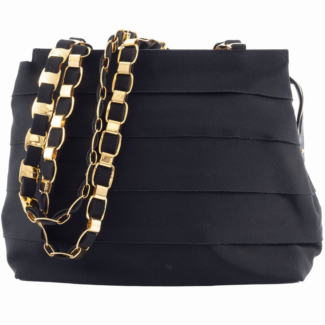 Ferragamo Vara Ribbon Womens Chain Shoulder Tote Bag Nylon Black Preowned Auth0