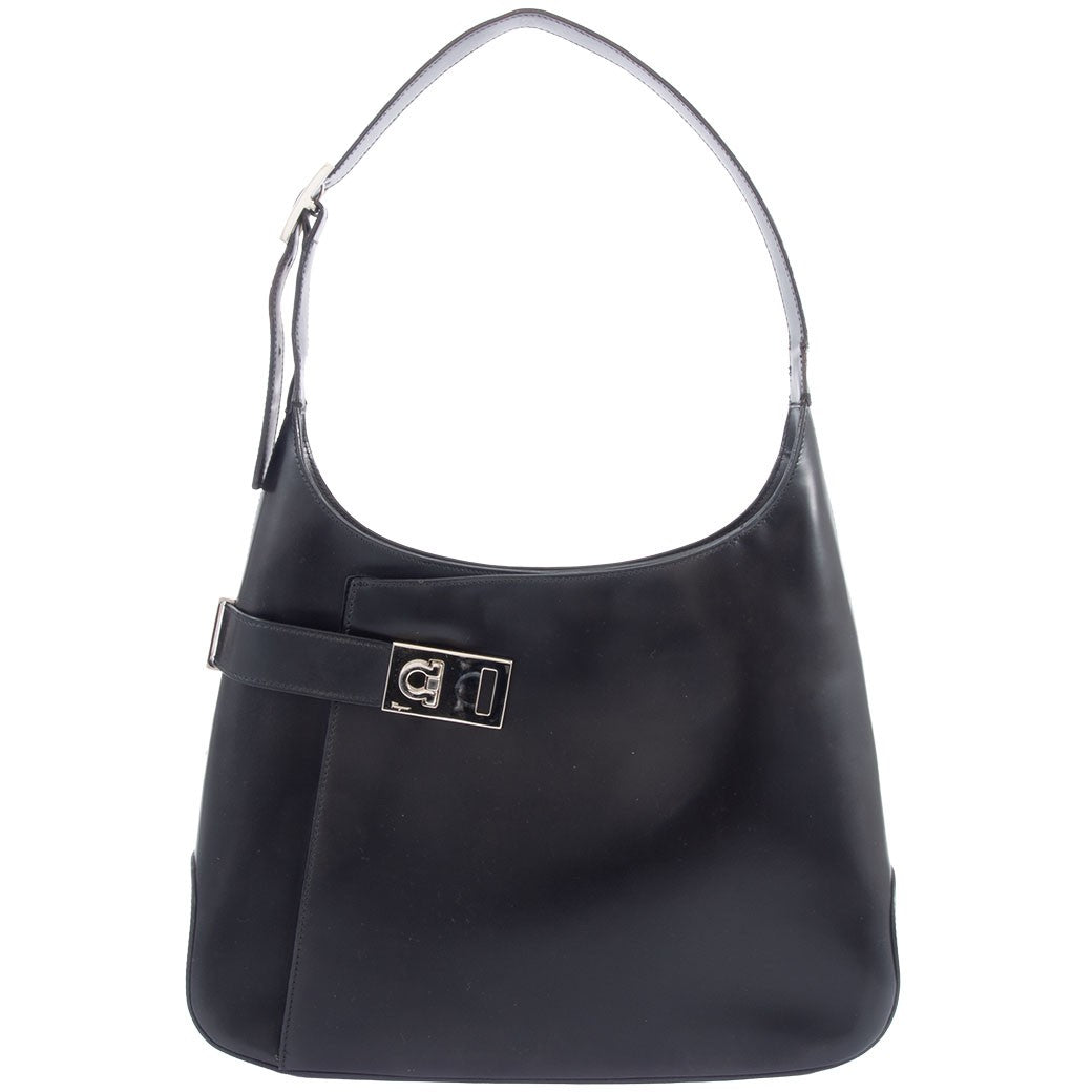 Ferragamo Gancini Hobo Shoulder Bag Black Leather AB21 0169 Preowned Auth0