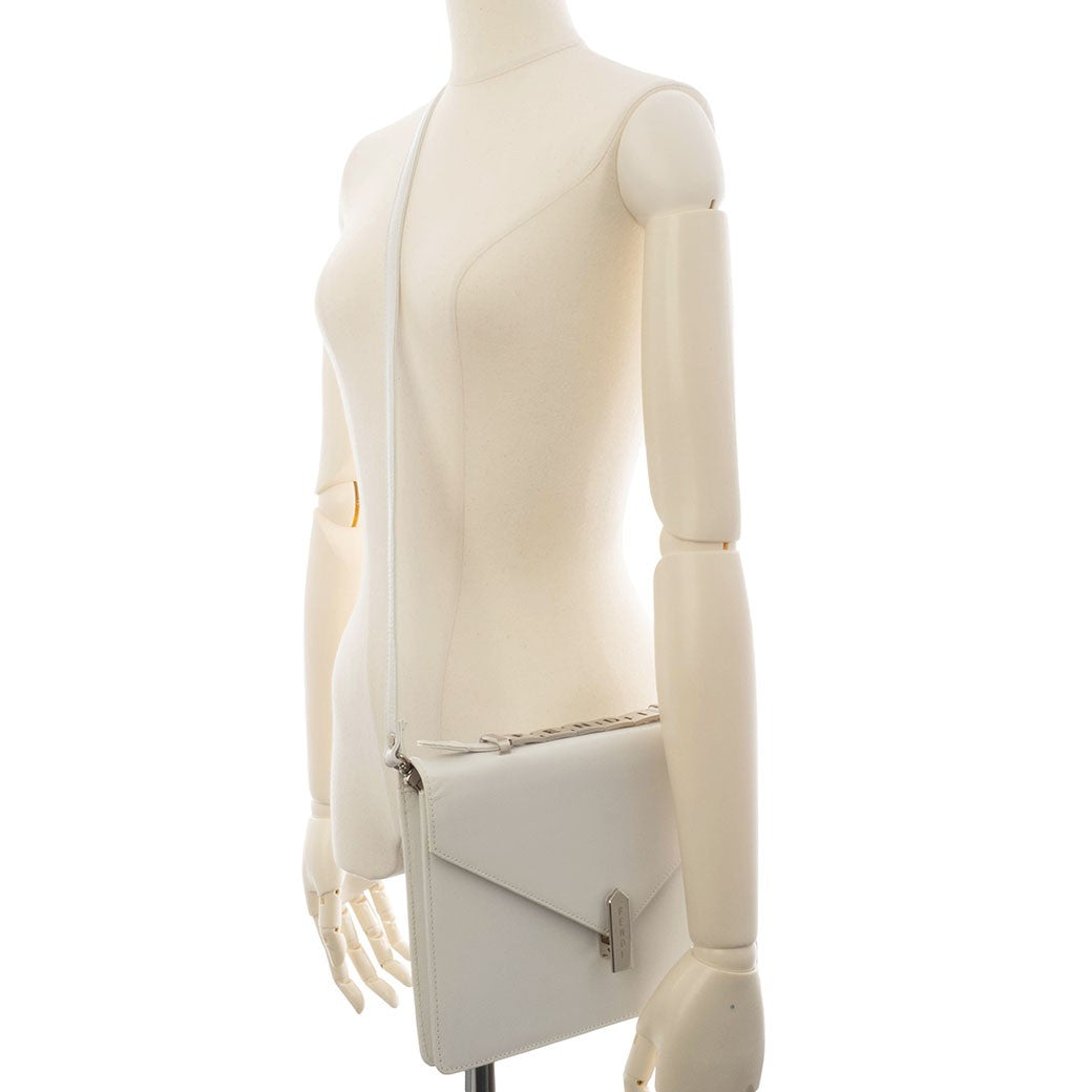 FENDI Logo Handle Shoulder Bag White Leather Convertible Crossbody Preowned19