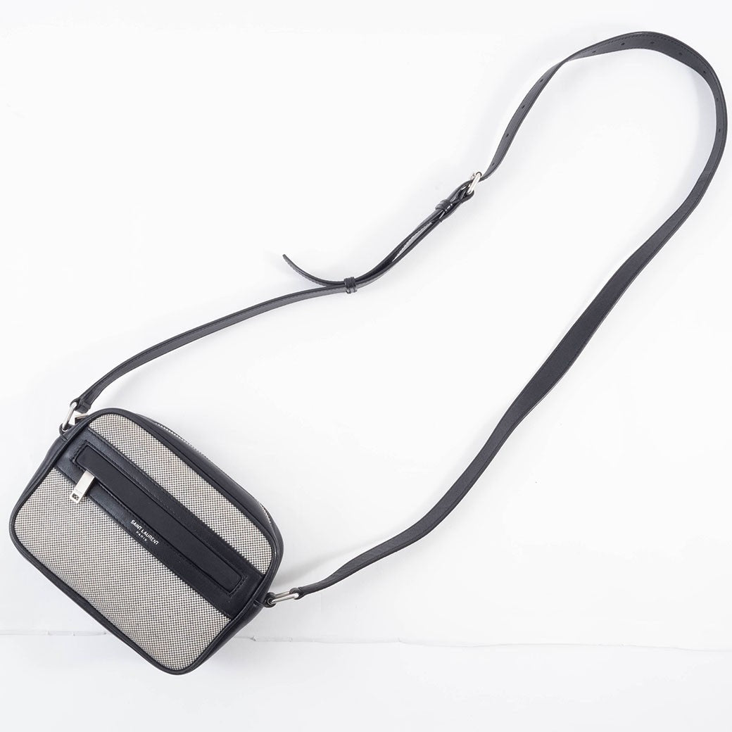 SAINT LAURENT Camp Camera Bag Canvas Leather Black Crossbody 647179 Preowned10