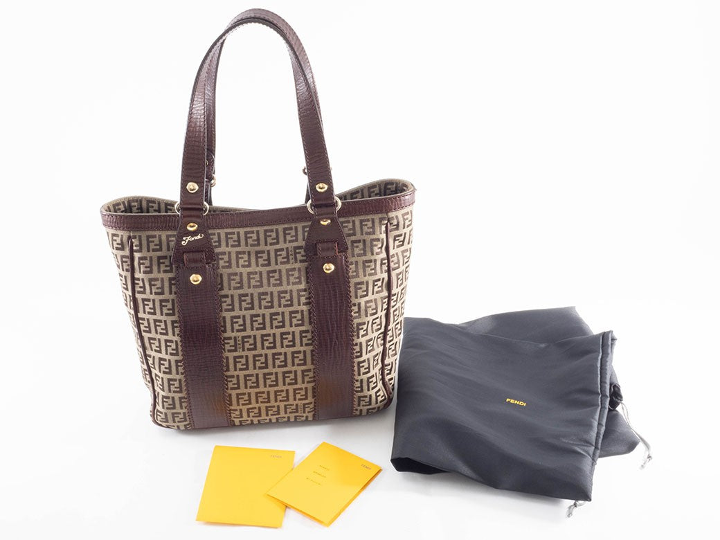 FENDI Zucchino Beige Canvas Leather Shoulder Tote Bag 8BH161 Preowned Auth16