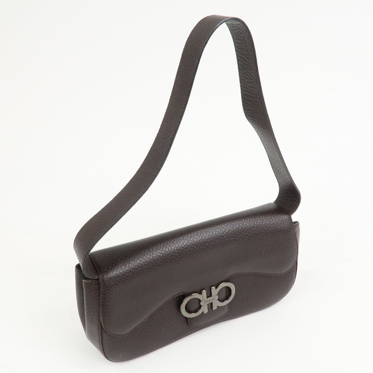 Ferragamo Gancini Logo Leather Shoulder Bag Hand Bag Brown Authentic Used F/S3