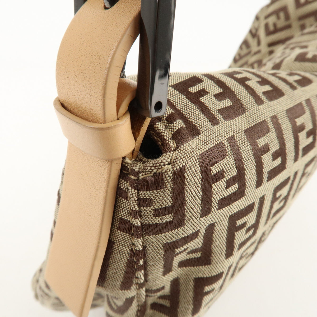 FENDI Zucchino Canvas Womens Shoulder Bag Beige Leather 8BR003 Preowned Auth8