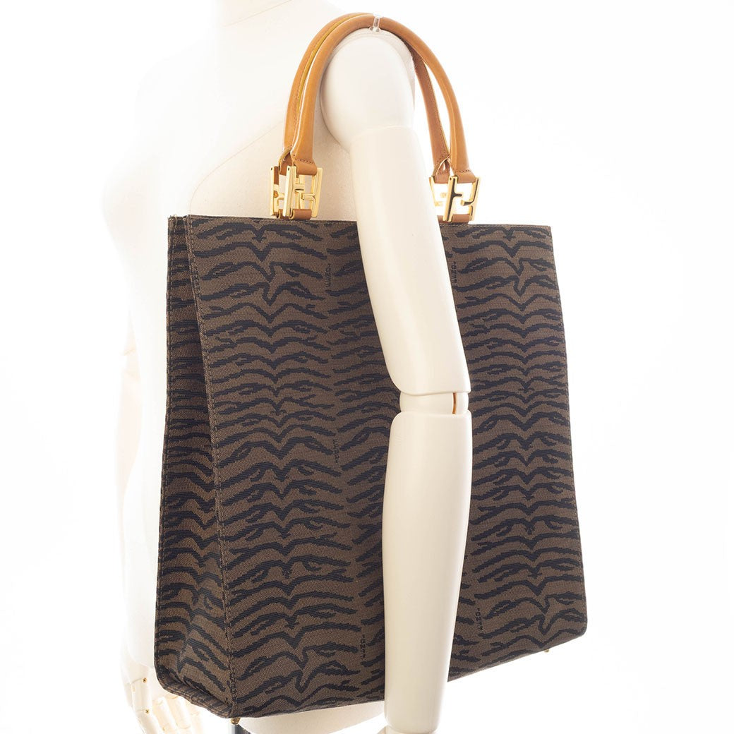 FENDI Zebra Print Tote Bag Canvas Leather Animal Pattern Brown Preowned Auth16