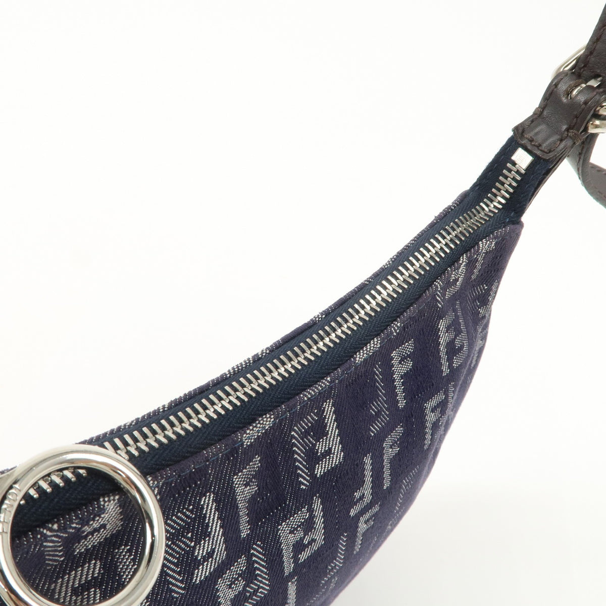 FENDI Zucchino Navy Blue Canvas Leather Hobo Shoulder Bag Slim Preowned Auth16