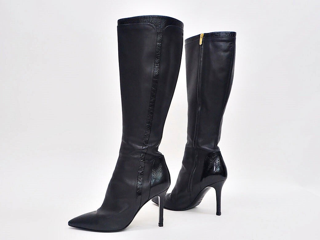 Sergio Rossi Black aU8262.002 Women's Leather Long Boots 38 Preowned Reuse Used1