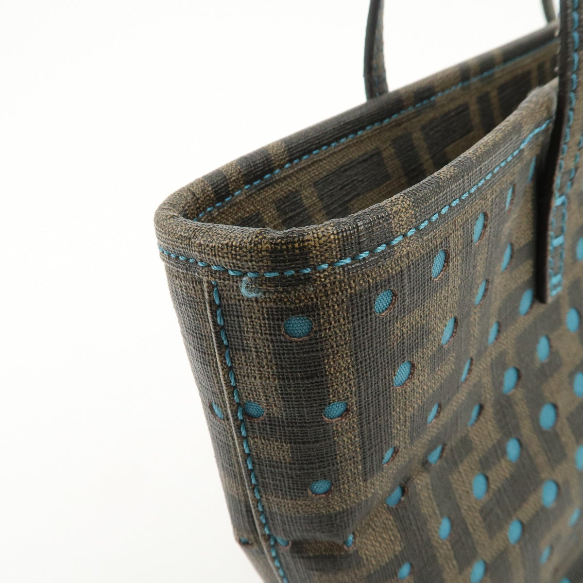 FENDI Tote Bag Zucca Nylon Punching Brown Black 8BH223 Authentic Used Reuse F/S14