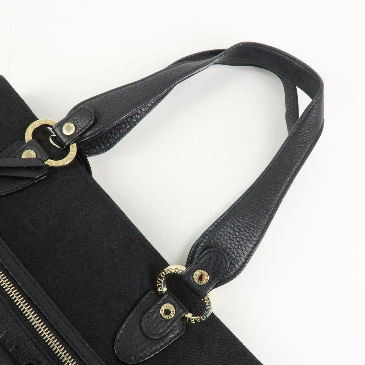 BVLGARI Logo Mania Canvas Leather Tote Bag Black Gold Hardware Auth Used F/S5