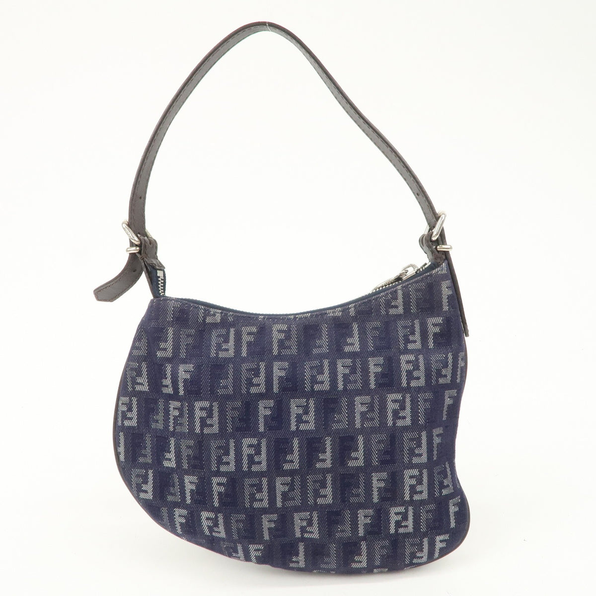 FENDI Zucchino Navy Blue Canvas Leather Hobo Shoulder Bag Slim Preowned Auth1