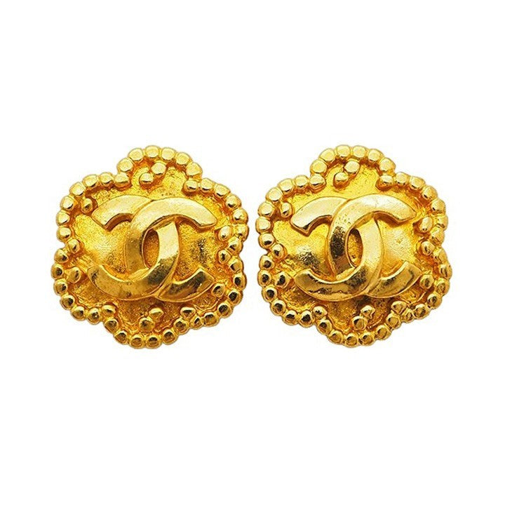 CHANEL Vintage Flower Coco Earrings 96A Gold Ladies Dot Frame Reuse Used0