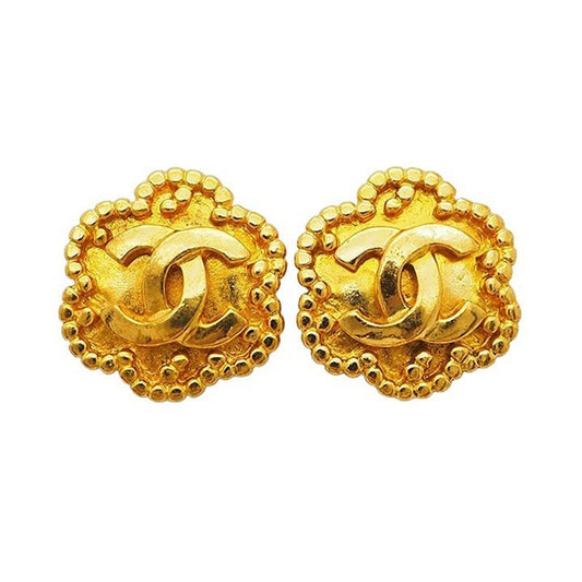 CHANEL Vintage Flower Coco Earrings 96A Gold Ladies Dot Frame Reuse Used0