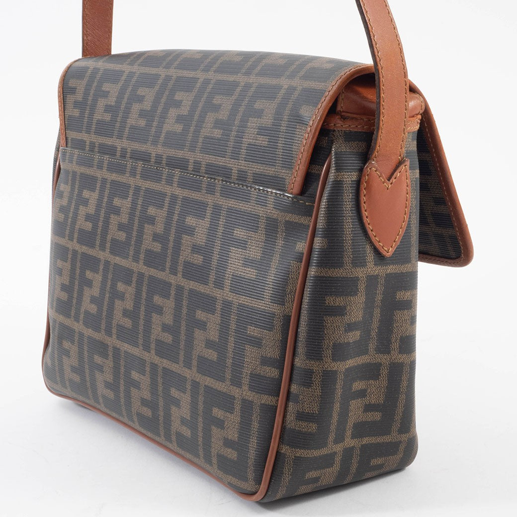 FENDI Zucca PVC Leather Crossbody Shoulder Bag FF Logo Flap Brown Preowned Auth3