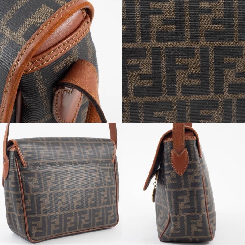 FENDI Zucca PVC Leather Crossbody Shoulder Bag FF Logo Flap Brown Preowned Auth14