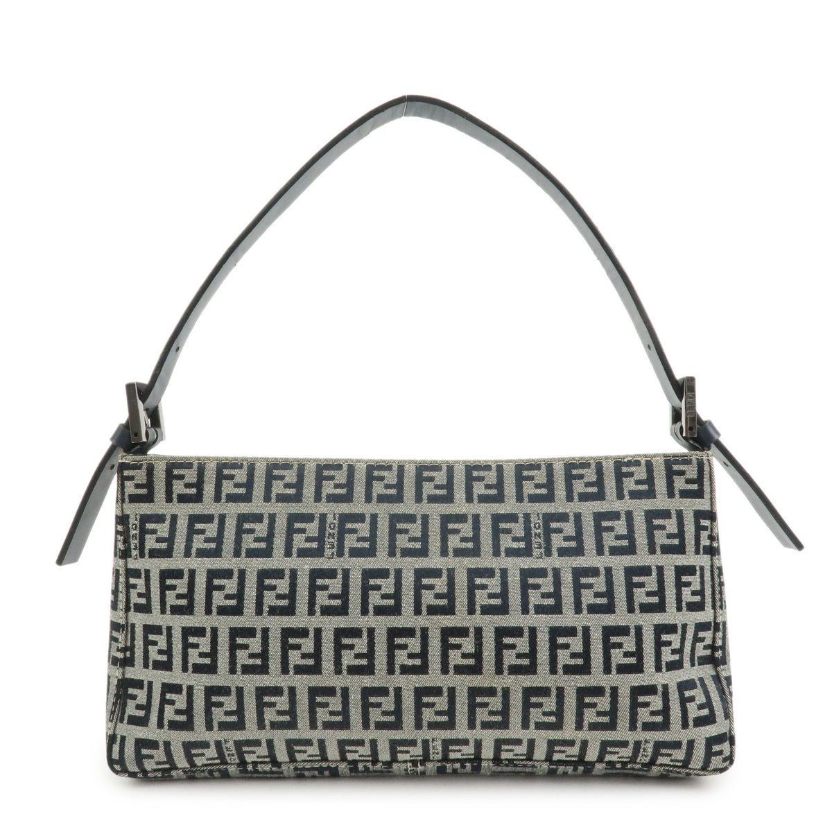 FENDI Zucchino Canvas Leather Shoulder Bag Navy Blue Logo 8BR042 Preowned Auth0