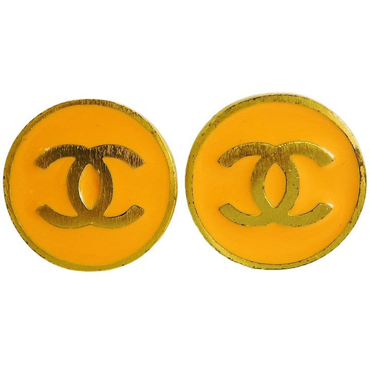 CHANEL Round Coco Earrings Orange x Gold 01P Ladies Large Size Preowned Auth0
