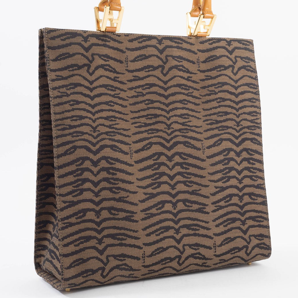 FENDI Zebra Print Tote Bag Canvas Leather Animal Pattern Brown Preowned Auth2