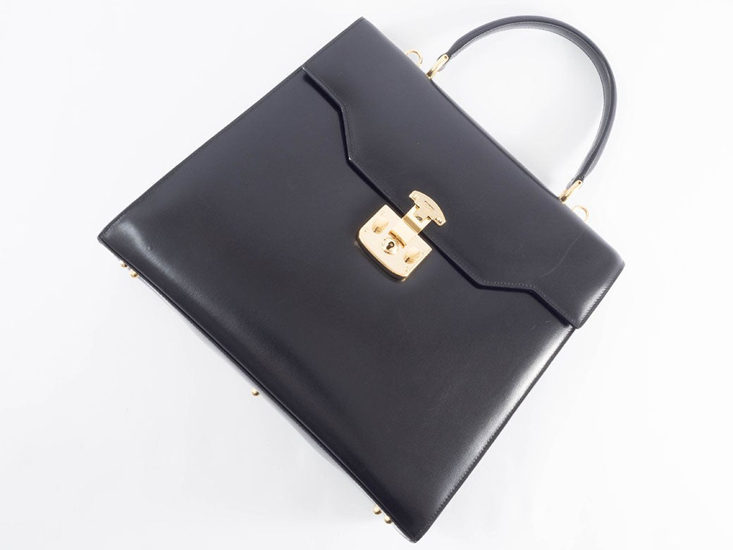 GUCCI Old Gucci Lady Lock Handbag Black Leather Top Handle 000 01 0192 Preowned22