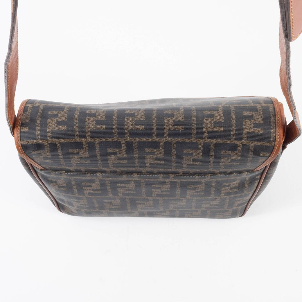 FENDI Zucca PVC Leather Crossbody Shoulder Bag FF Logo Flap Brown Preowned Auth6