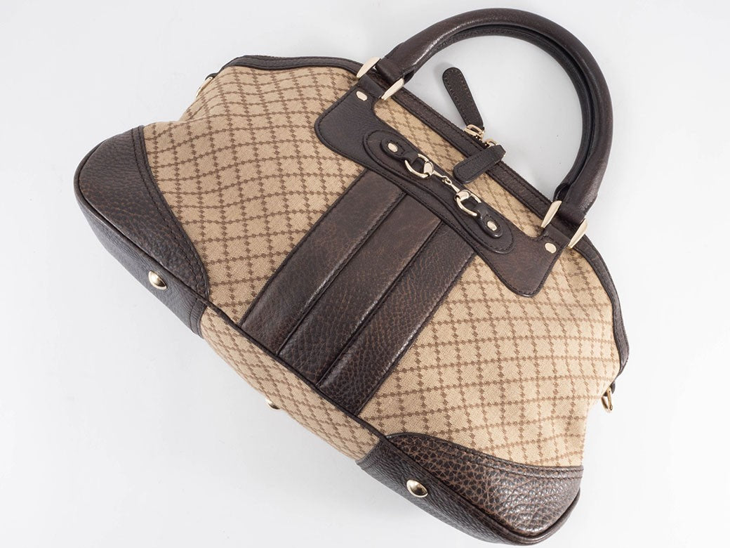 GUCCI Diamante Canvas Leather Tote Handbag Beige Brown Womens Preowned Auth21